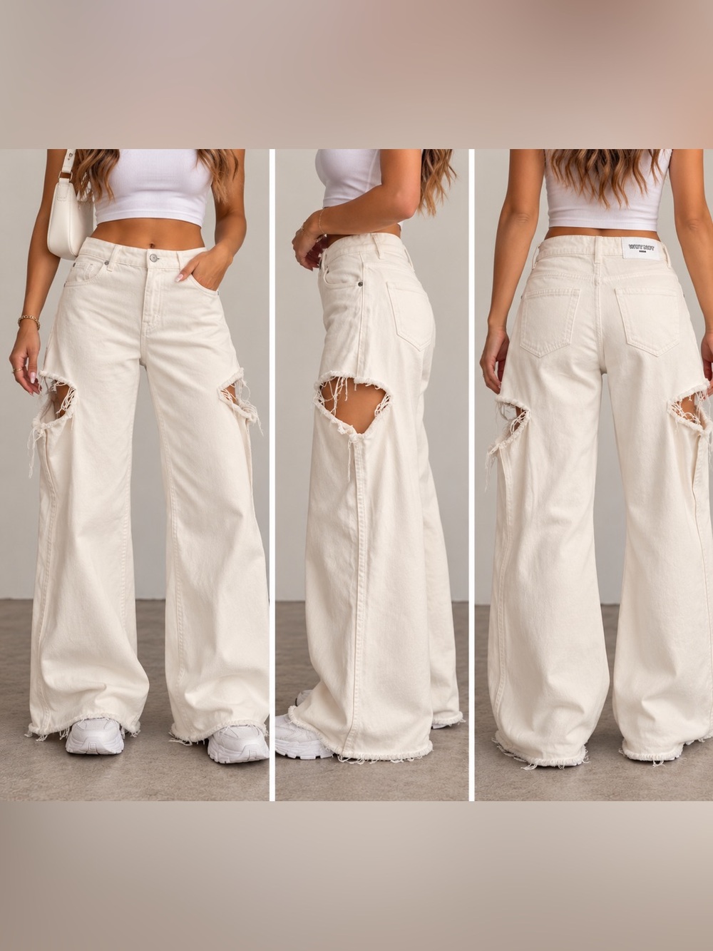Why Not Denim Size 36 Cream Distressed Wide Leg Cutout Jeans